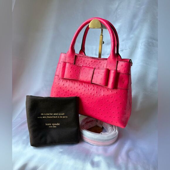 Kate Spade Pink Ostrich Leather Satchel w/ Bow - NWT - Original Dust Bag - Picture 1 of 12